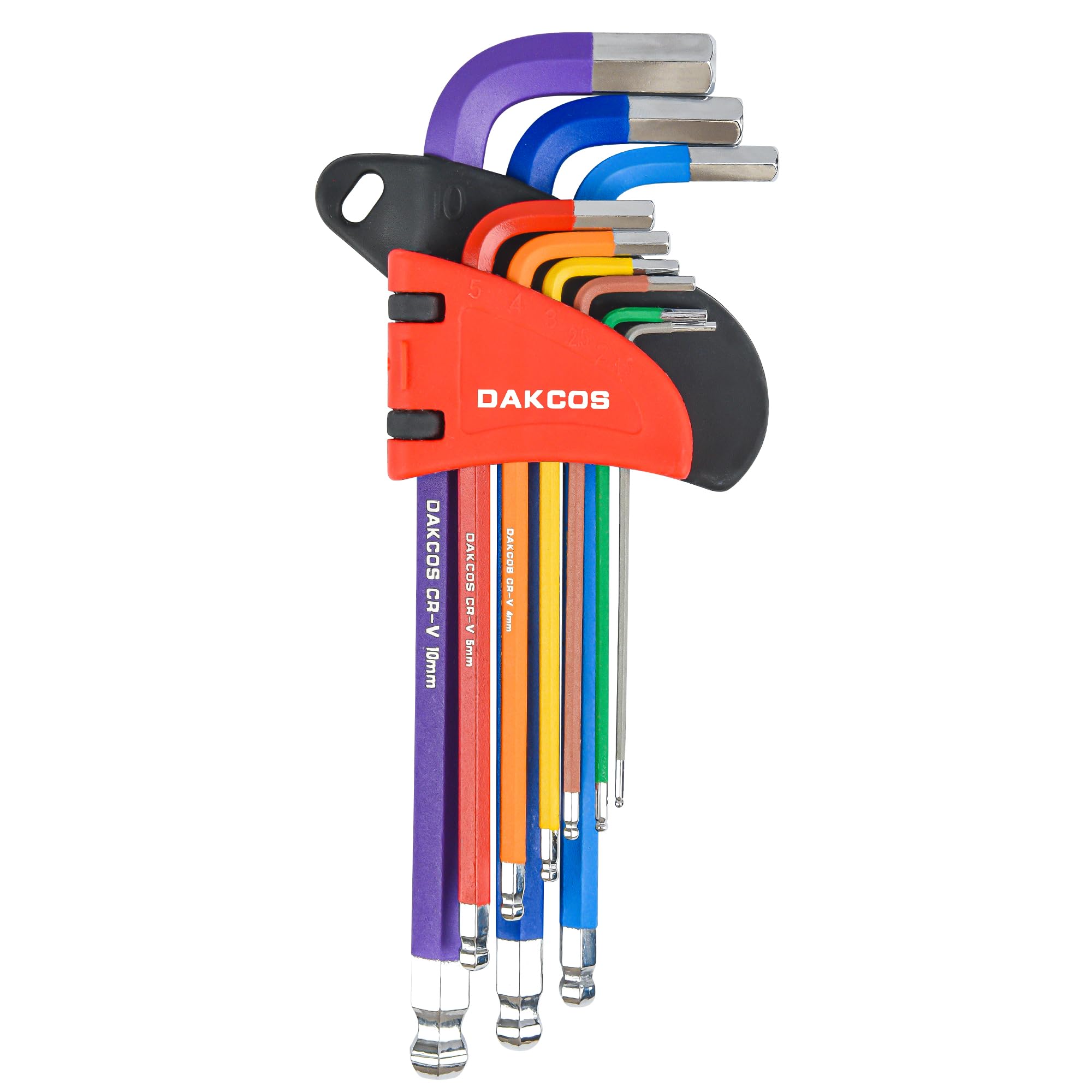 DAKCOS 9 Piece Hex Key Set, 1.5mm-10mm Metric Ball End L-Key Set with Color Coding