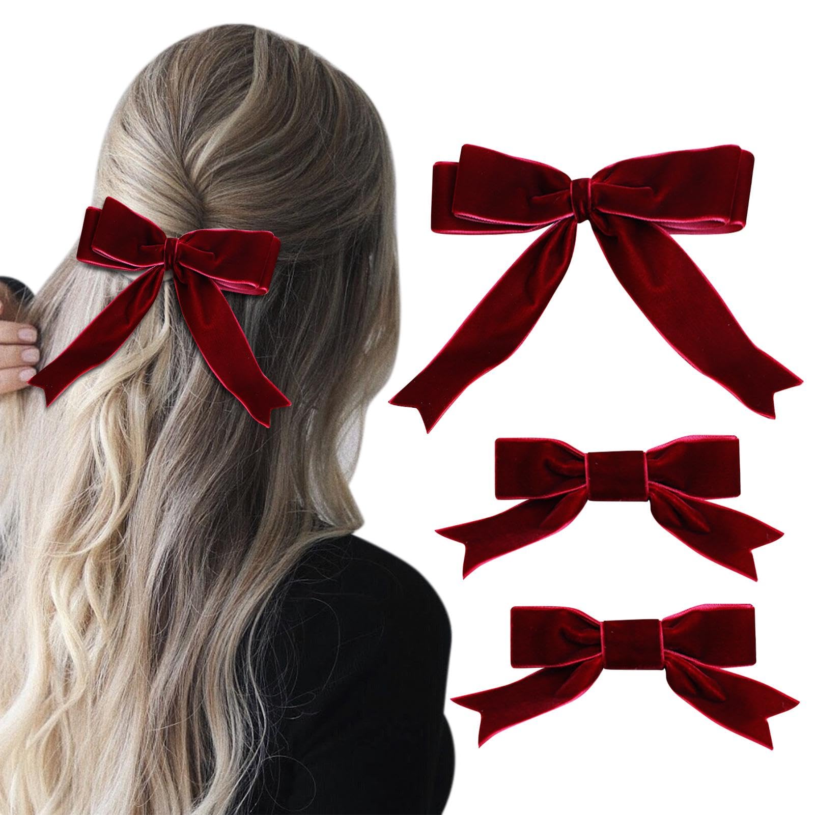3Pcs Velvet Bow Hair Clip, Red Hair Bow, Vintage Large Satin Ribbon Bow Hairpins, French Bowknot Hair Bows with Long Ribbon, for Girls Women Gifts