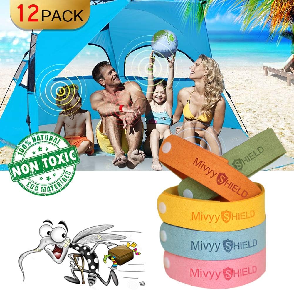 Insect Repellent Bracelet, Mosquito Bands, [2019 Upgraded] Anti Mosquito Shield, Waterproof, Natural, DEET-Free, 12 Pcs Adjustable Wristbands for Kids & Adults, Away from Insect/Midge/Bug