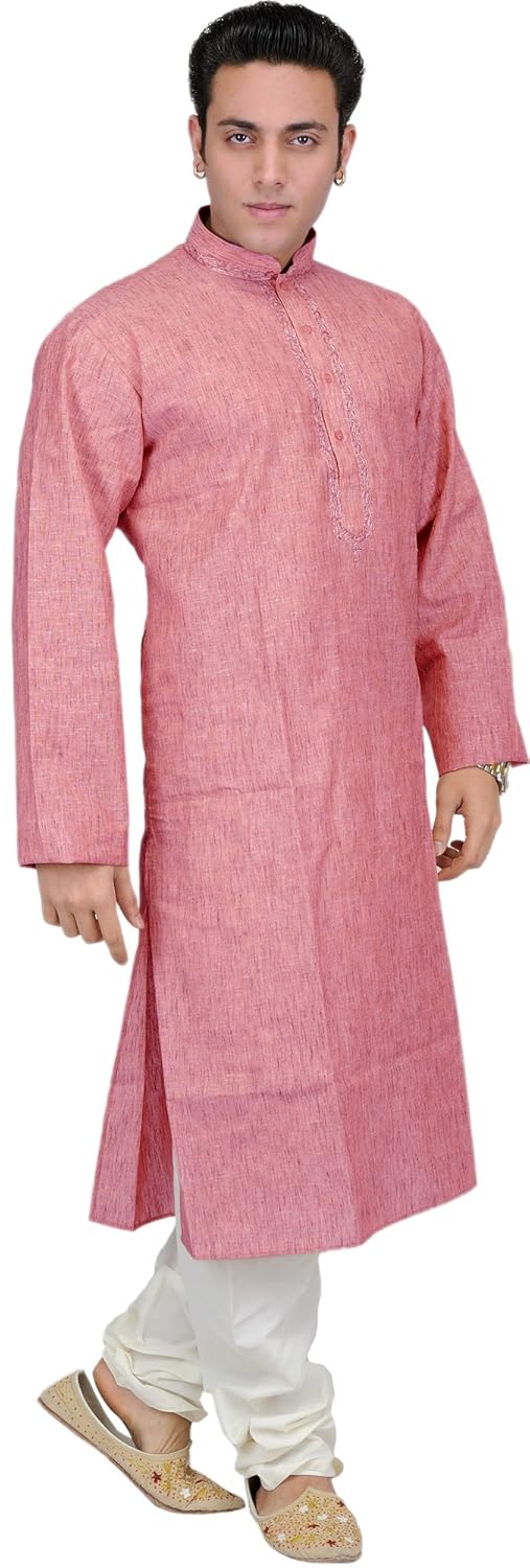 exotic india plain khadi kurta pyjama with embroidery on neck