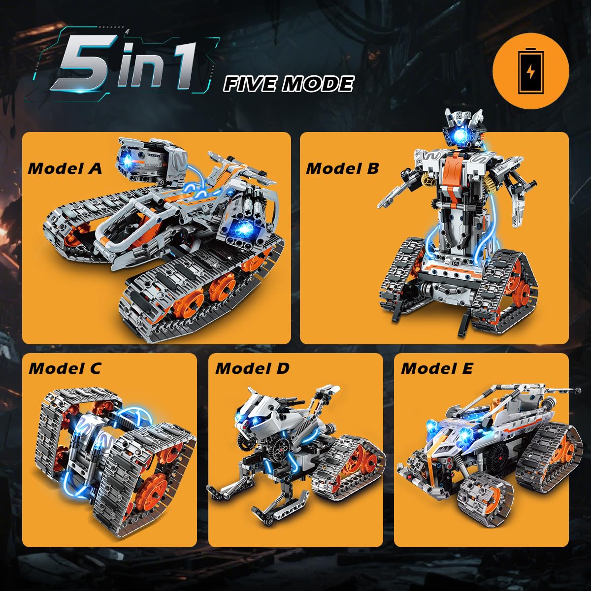 PLAXSOON Technik Bauspielzeug mit LED Lichtern, 5-in-1 App- & Fernsteuerung Panzer Roboter Klemmbausteine, 604 Teile RC Technic Baukasten, STEM Lernspielzeug Geschenk für Kinder Jungen ab 8-12 Jahre 6