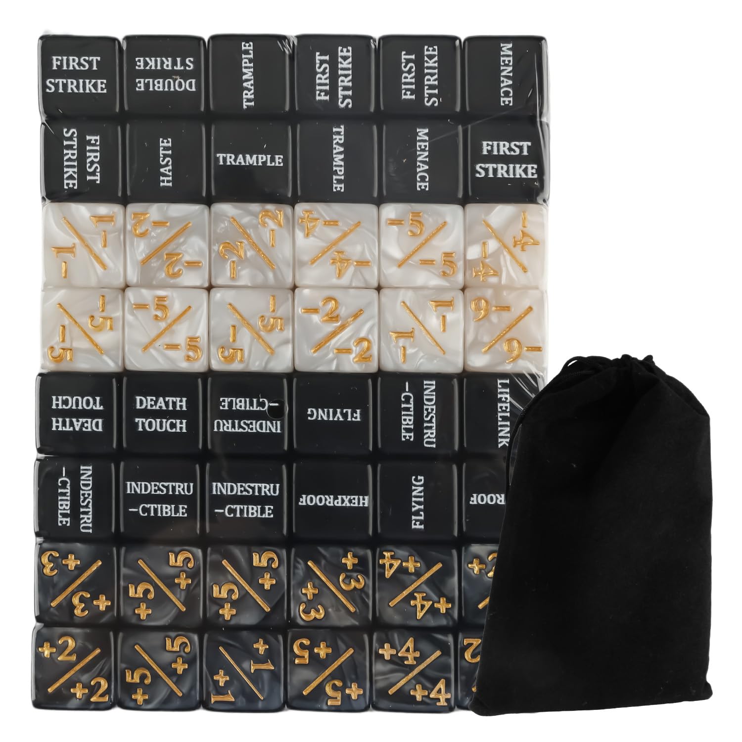 wellrun 48Pcs Ability Keyword Counter Dice,Acrylic +1/-1 Life and Loyalty Tokens with Velvet Bag,Dice Counters for MTG TCG Card Games,Party,Bars