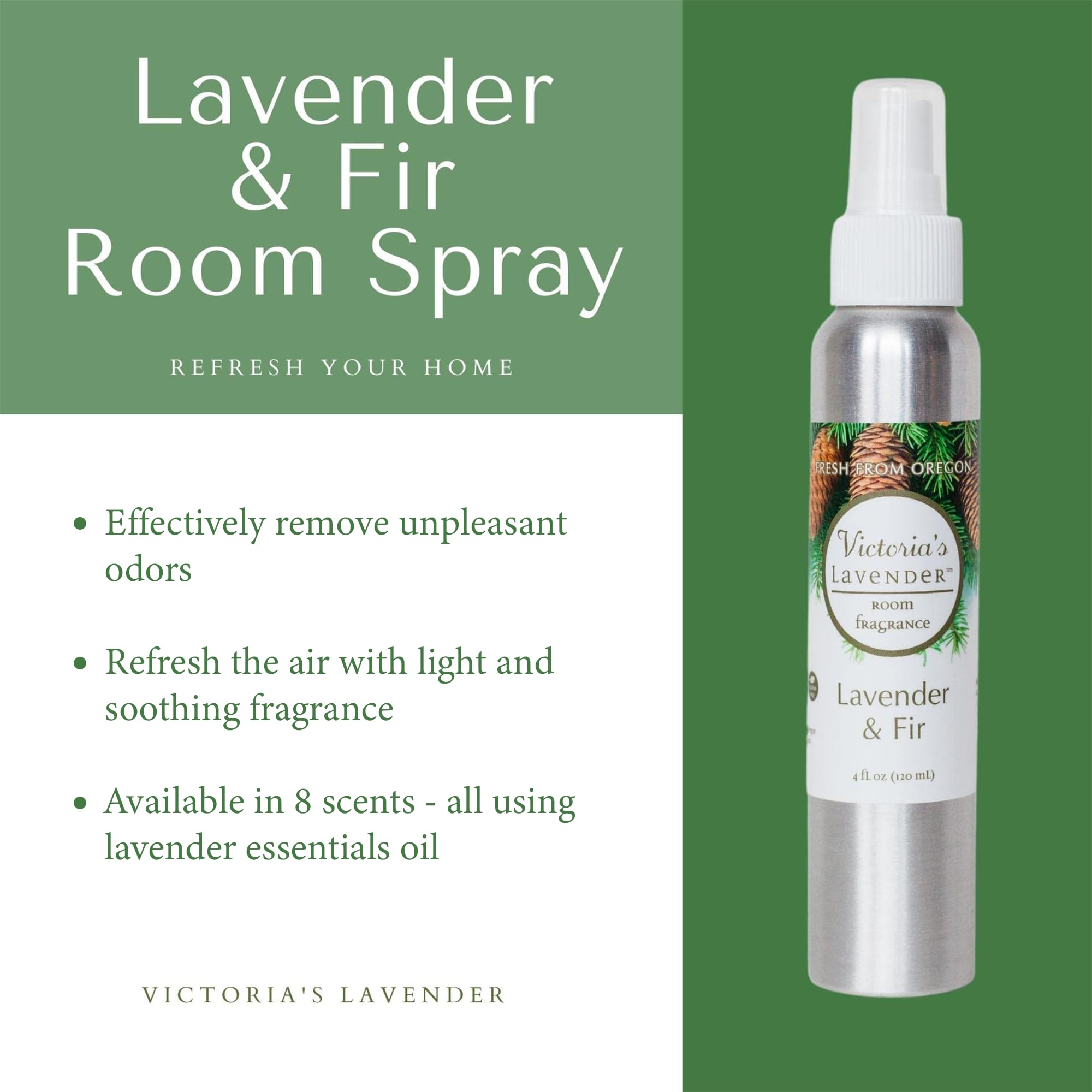 Victoria's Lavender Room Spray, All Natural Home Atmosphere Essential Oil Concentrated Room Spray Air Freshener, Bathroom Odor Eliminator, Luxury Spray Made in the USA, Lavender & Fir - 1 Pk (4 Fl Oz)