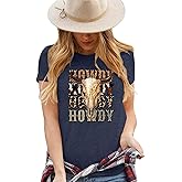 Women Cow Skull Print Graphic Tees Western Cowgirl Shirts Cotton Vintage Style Tops for Concerts Rodeo Outfits