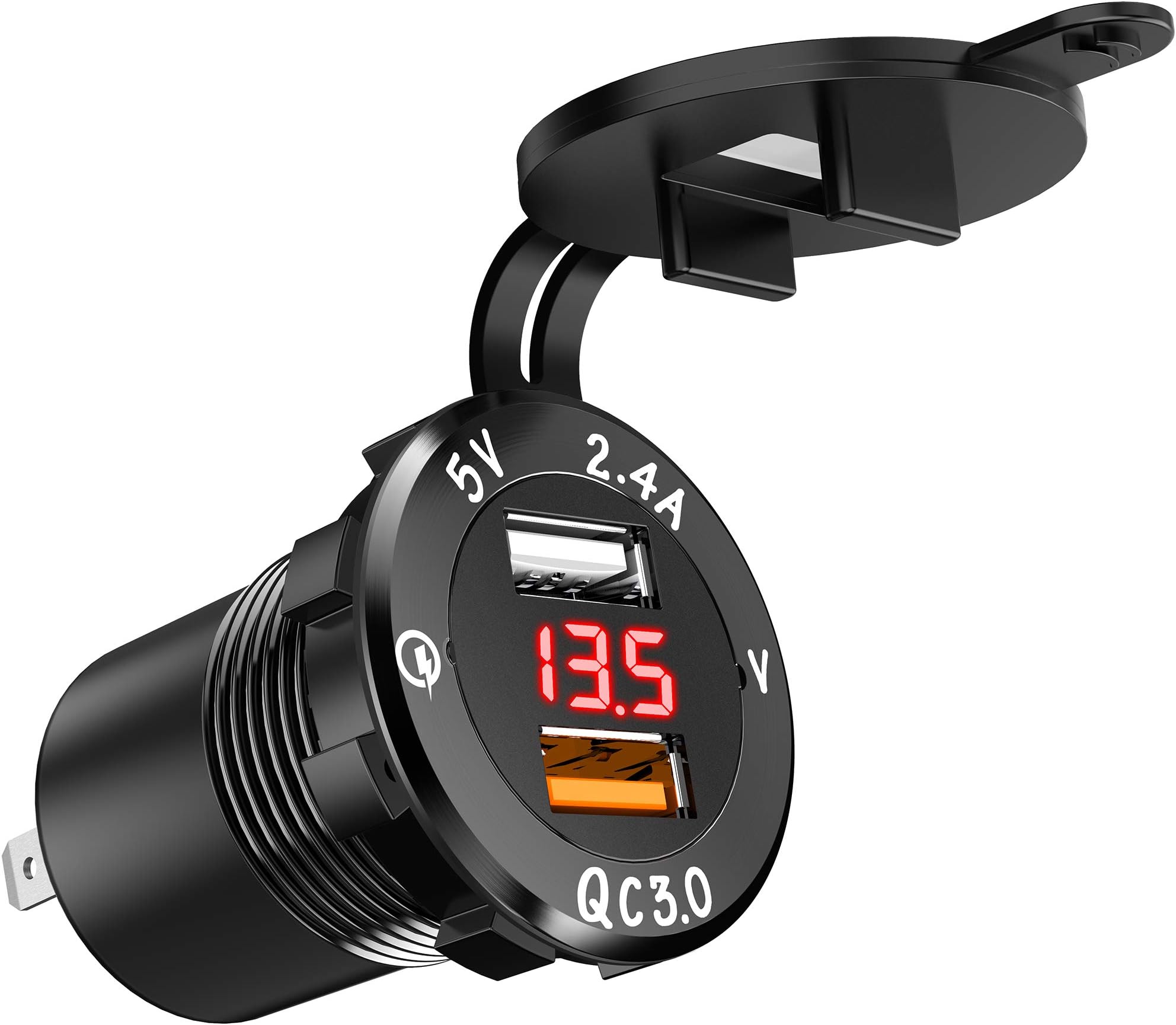 ShinePick Car Charger, Quick Charge 3.0 USB Charger Socket & 2.4A USB Port IP66 Waterproof Dual USB Power Outlet with Voltmeter for Car Boat Marine Rv Motorcycle(Red)