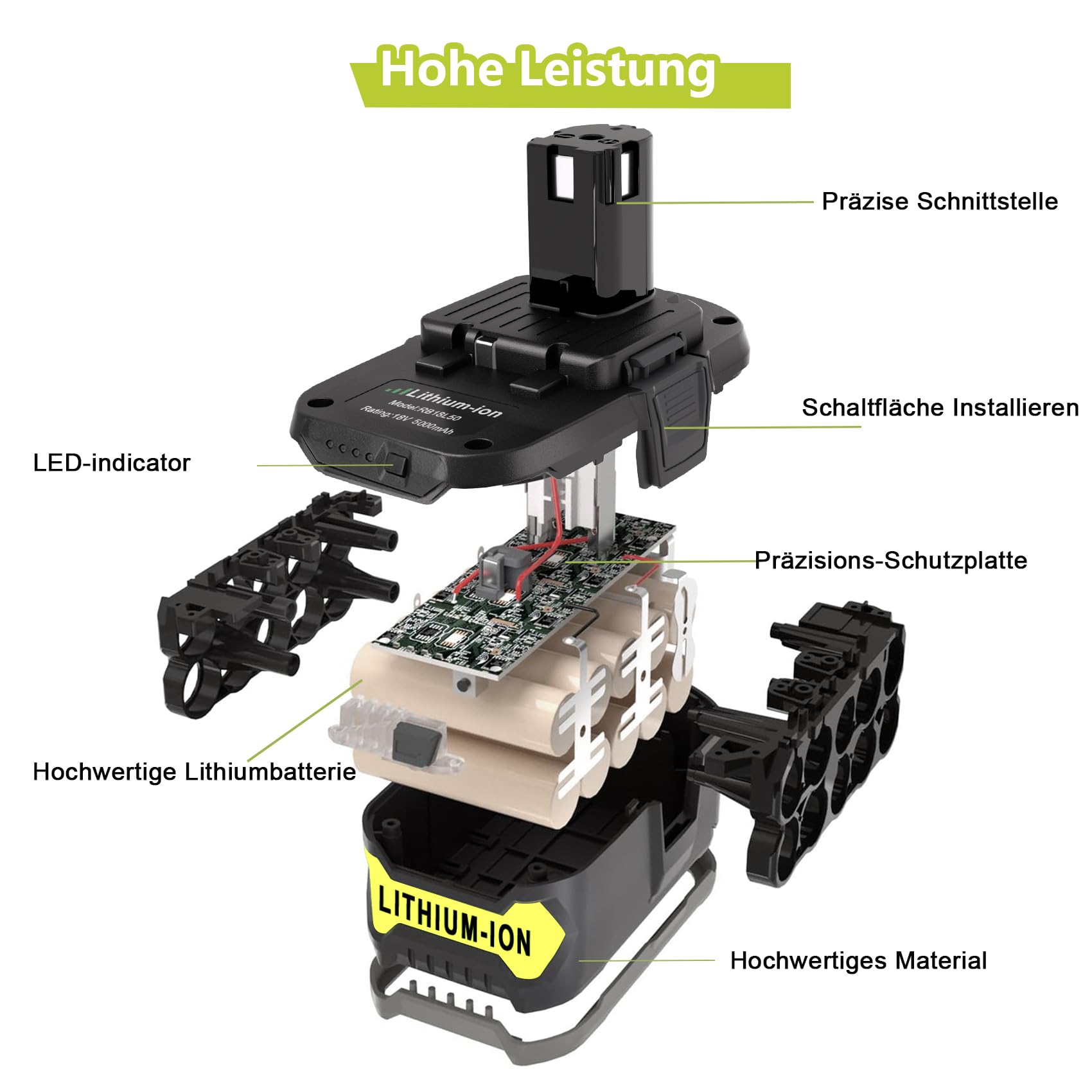 REACELL 2 Stück 5000mAh Ersatzakku für Ryobi 18V RB18L50 Li-ion akku für Ryobi ONE+ RB18L40 RB18L25 RB18L15 BPL-1820G P108 P104 P107 P105 Werkzeugen mit LED-Anzeige 6