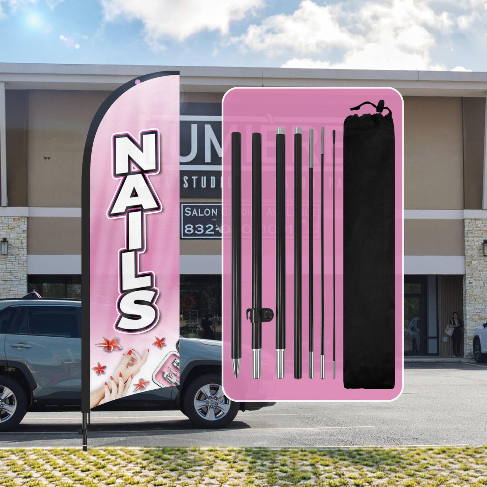 QSUM Nails Feather Flag,8FT Nails Advertising Swooper Flag with Pole Kit, Ground Spike,Nails Signs for Businesses and Storefronts