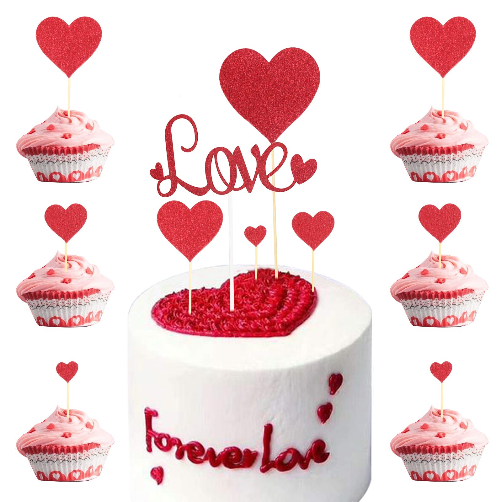LOPOTIN 25Pcs Love Heart Cupcake Toppers Red Glitter Love Cake Topper Valentine Cake Decorations for Wedding Anniversary Party Supplies