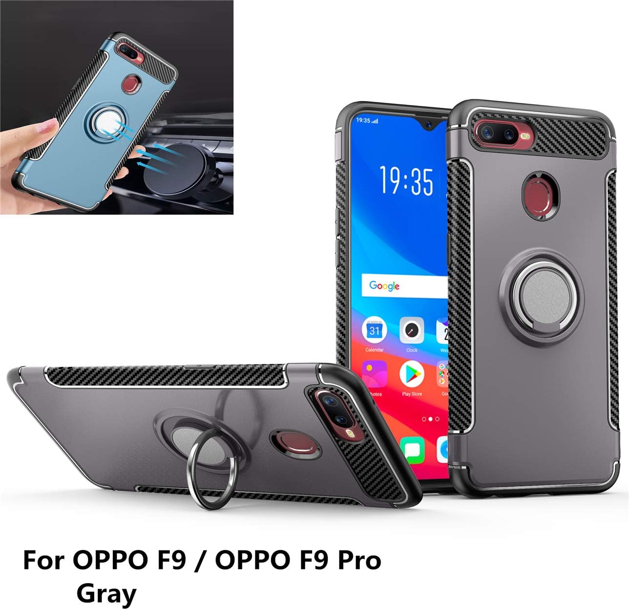 Oppo F9 case,Oppo F9 Pro case,Silicone Shockproof Car Magnets Cover TPU+PC Dual Protection 360° Rotating Kickstand case for Oppo F9/Oppo F9 Pro (Gray)