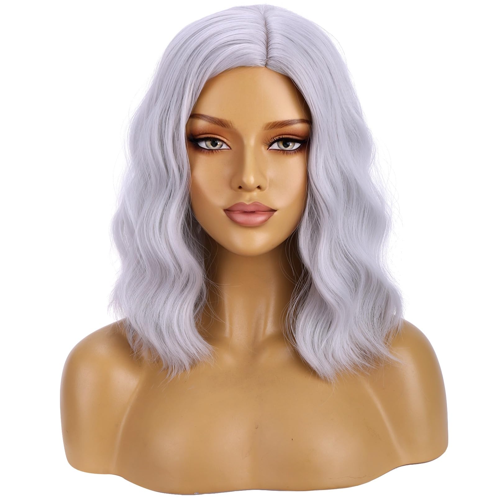 Photo 1 of BERON Silver Wigs for Women Girls Short Curly Wavy Wig Grey 14" Body Wave Halloween Cosplay Daily Party Wigs