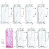 Tswofia 20 Oz Double Wall Acrylic Snowglobe Cups with Handle, 8 Pack Clear Plastic Mason Jar Snowglobe Tumbler with Pre Drilled Hole and Plug for DIY Glitter Gifts (Clear)