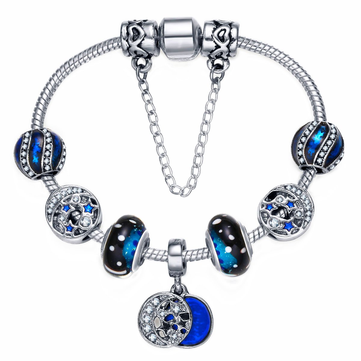 Presentski Bracelet Charms Silver Plated with Spacers Blue Glass Beads for Woman and Girl