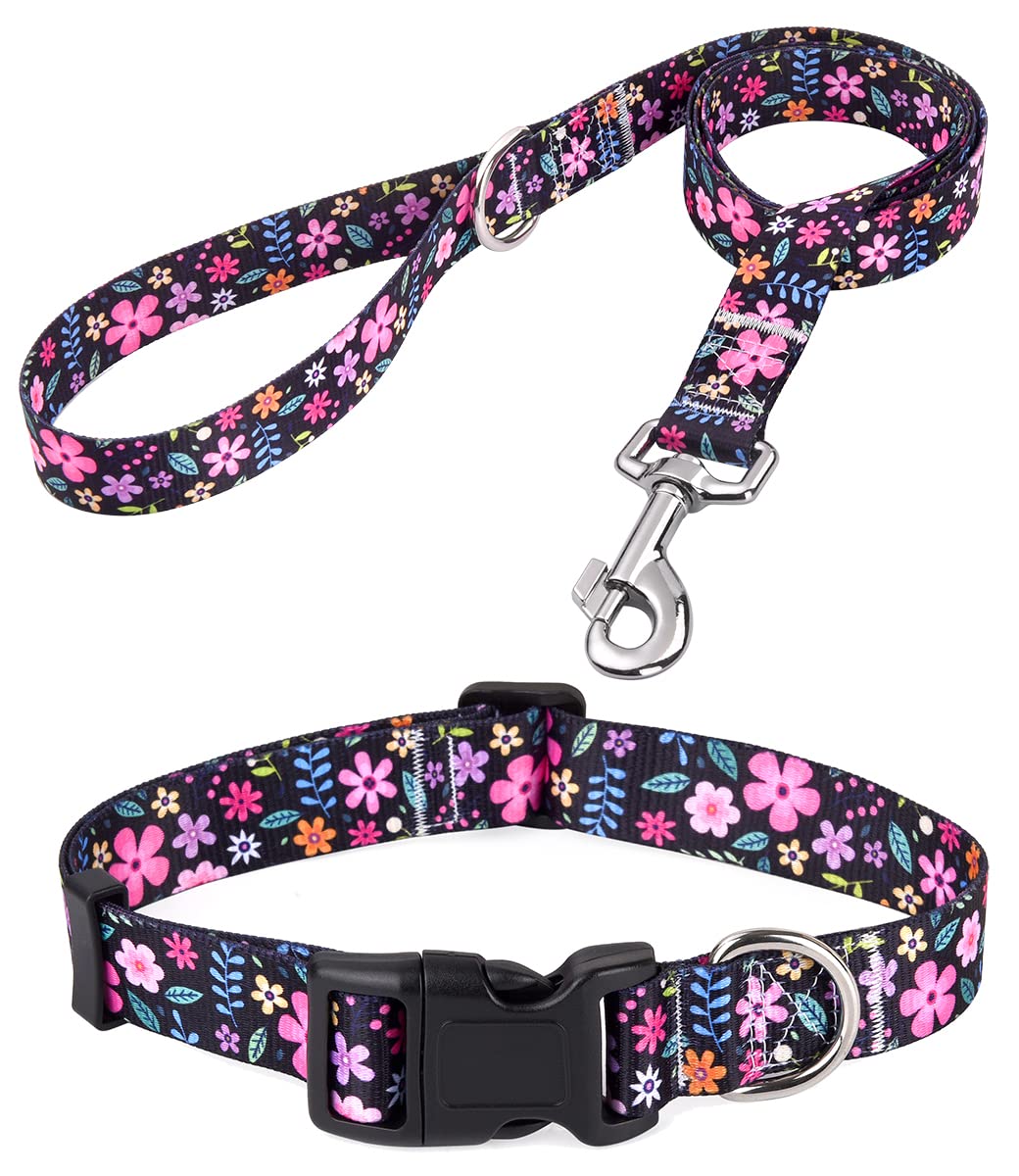 Mihqy Dog Collar and Lead Set with Bohemia Floral Tribal Geometric Patterns - Soft Ethnic Style Collar Adjustable for Small Medium Large Dogs(Floral Set,L) — image 1