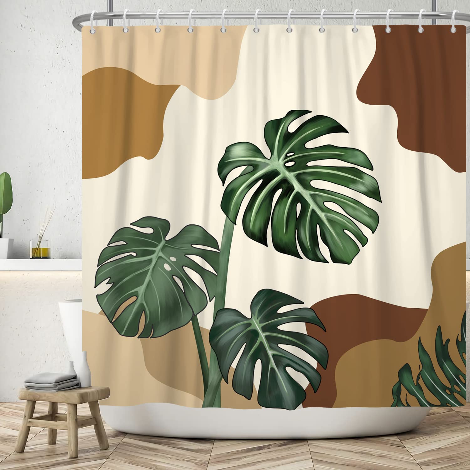 ASDCXZ Boho Shower Curtain 180x180 cm, Modern Abstract Art Hand Painted Green Tropical Leaves Beige Bath Washable Shower Curtains Polyester Textile Waterproof Bath Curtain for Bathtub with 12 Hooks — image 1