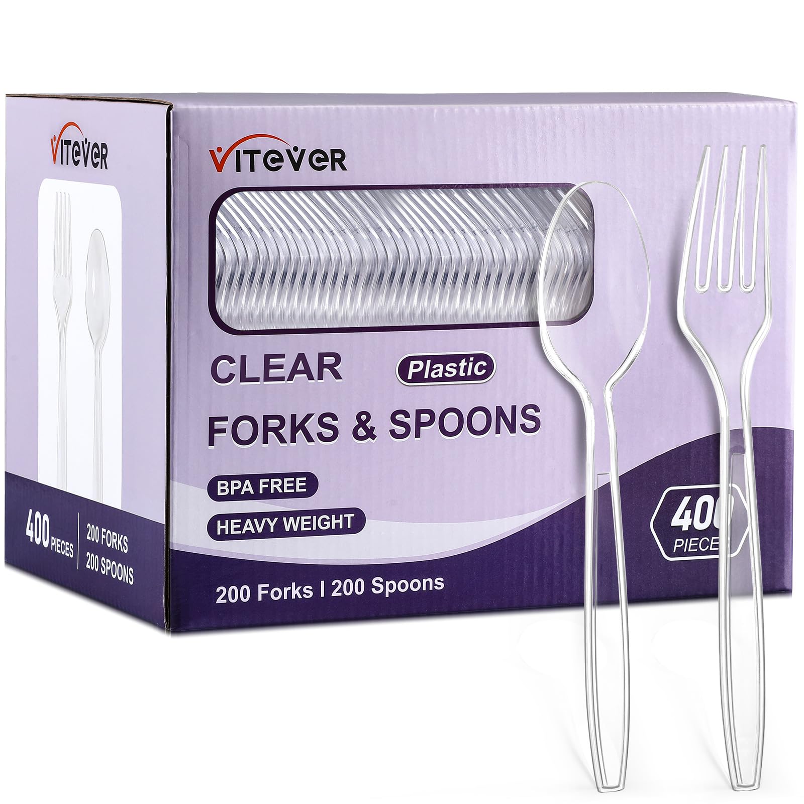 Photo 1 of [400 Count] Clear Plastic Forks and Spoons Set Bulk - Heavy Duty Disposable Spoons and Forks Silverware, Plastic Utensils Cutlery Set for Party