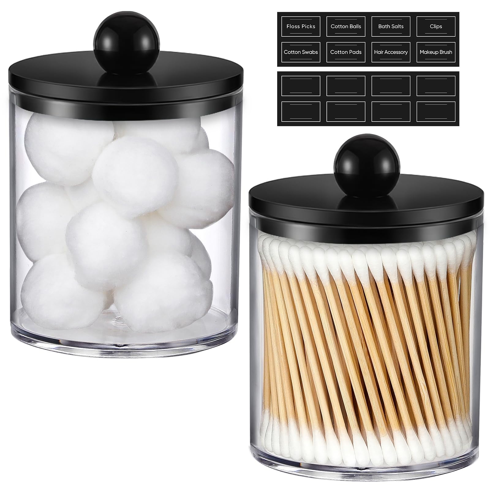 Photo 1 of 2 Pack Acrylic Qtip Holder Dispenser for Cotton Swabs, Balls, Pads, Floss - Plastic Canister Apothecary Jar Set, Bathroom Essentials Accessories Decor Vanity Makeup Storage Organizer - Clear & Black