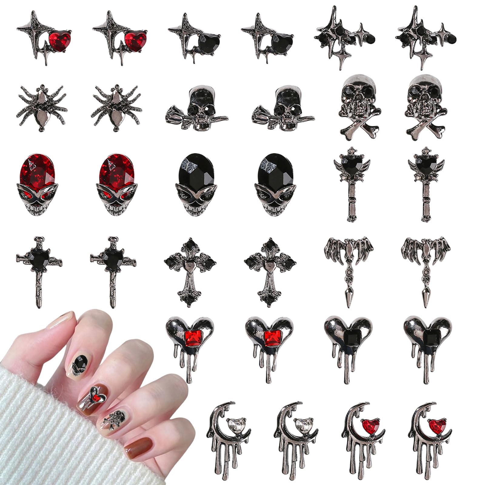 Halloween Nail Charms,32PCS Skull Skeleton Spider Cross Moon Heart Nail Rhinestones and Gems,Silver Alloy Nail Art Jewelry Decoration for DIY Halloween Nail Design Crafts