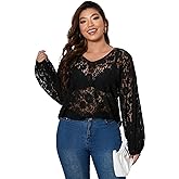 Floerns Women's Plus Size V Neck Long Sleeve Floral Lace See Through Blouse Tops