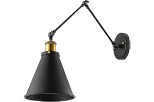 KWOKING Lighting Industrial Vintage Wall Sconce Adjustable Swing Arm Wall Lights Lamp Fixture Metal Shade E26/E27 Bulbs Balck