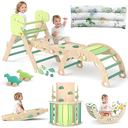 Toddler Climbing Frame, 9-in-1 Indoor Climbing Frame for Toddlers, Foldable Baby Climbing Toys Wood Triangle Set with Climbing Arch, Balance Cushion, Outdoor Climbing Frames for Enfan 2-6 Age-Dinosaur