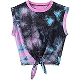 SOFIA'S CHOICE Women Summer Tie Front Crop Tops Crewneck Cap Sleeve Ruched T-Shirt Tops