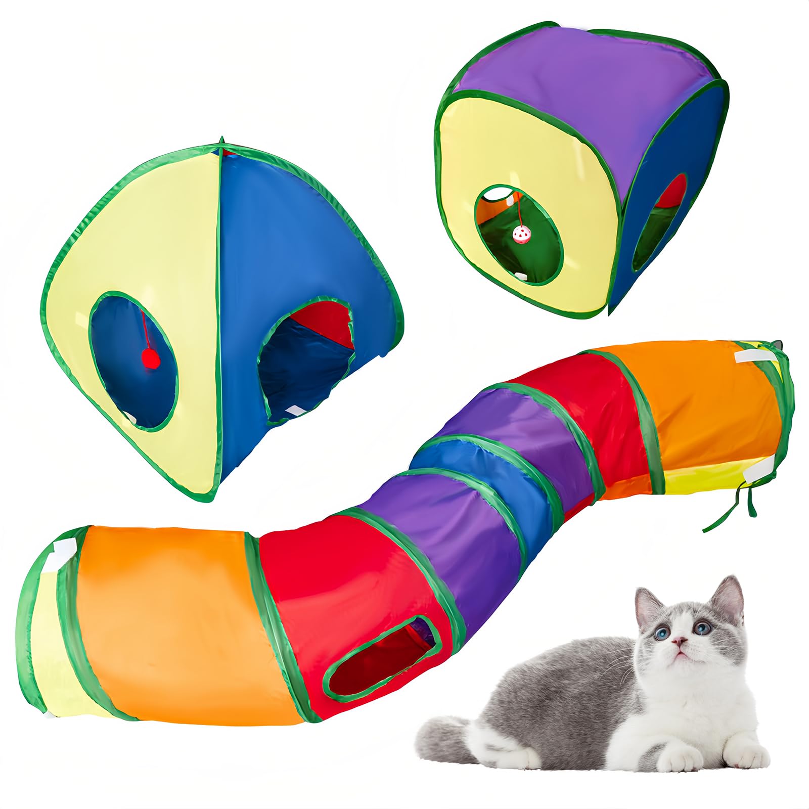 Focenat 3 in 1 Cat Tunnel & Enclosure, Collapsible Pop up Cat Play Tent with Bell Ball & Tunnels for Kitty, Puppy & Rabbit Exercising, Hiding & Training