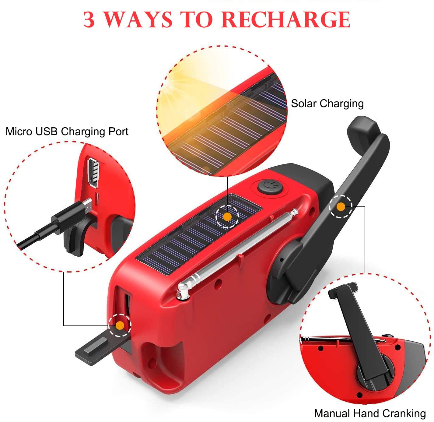 Notfall-Solarradio,Solarbaby Selbstbetriebenes Kurbelradio mit LED-Taschenlampe, SOS-Alarm,AM/FM Wetter Wind Up Radio mit 2000mAh Akku für Notladung von Smartphone,(Rod) 6
