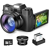 4K Digital Camera,Vlogging Camera with WiFi for YouTube,Autofocus 16X Zoom 48MP Cameras Photography 64GB SD Card,Wide Angle & Macro Lens,2 Batteries,180°Flip Screen
