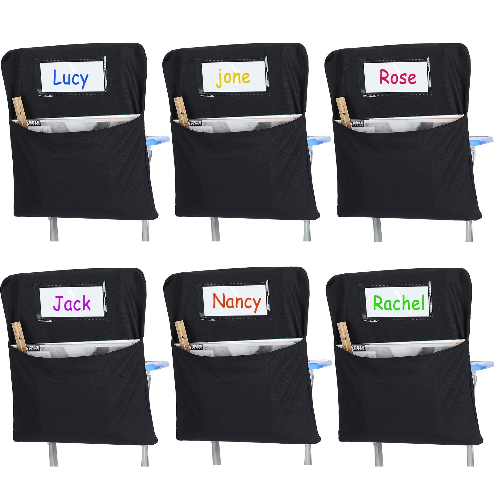 Photo 1 of Maitys 6 Pack Large 17 Inches Chairback Pocket Chart Student Chair Pockets Chair Back Classroom Organizer with Name Tag for Keeping Kids Student Book School Table Desk Organized (Black)