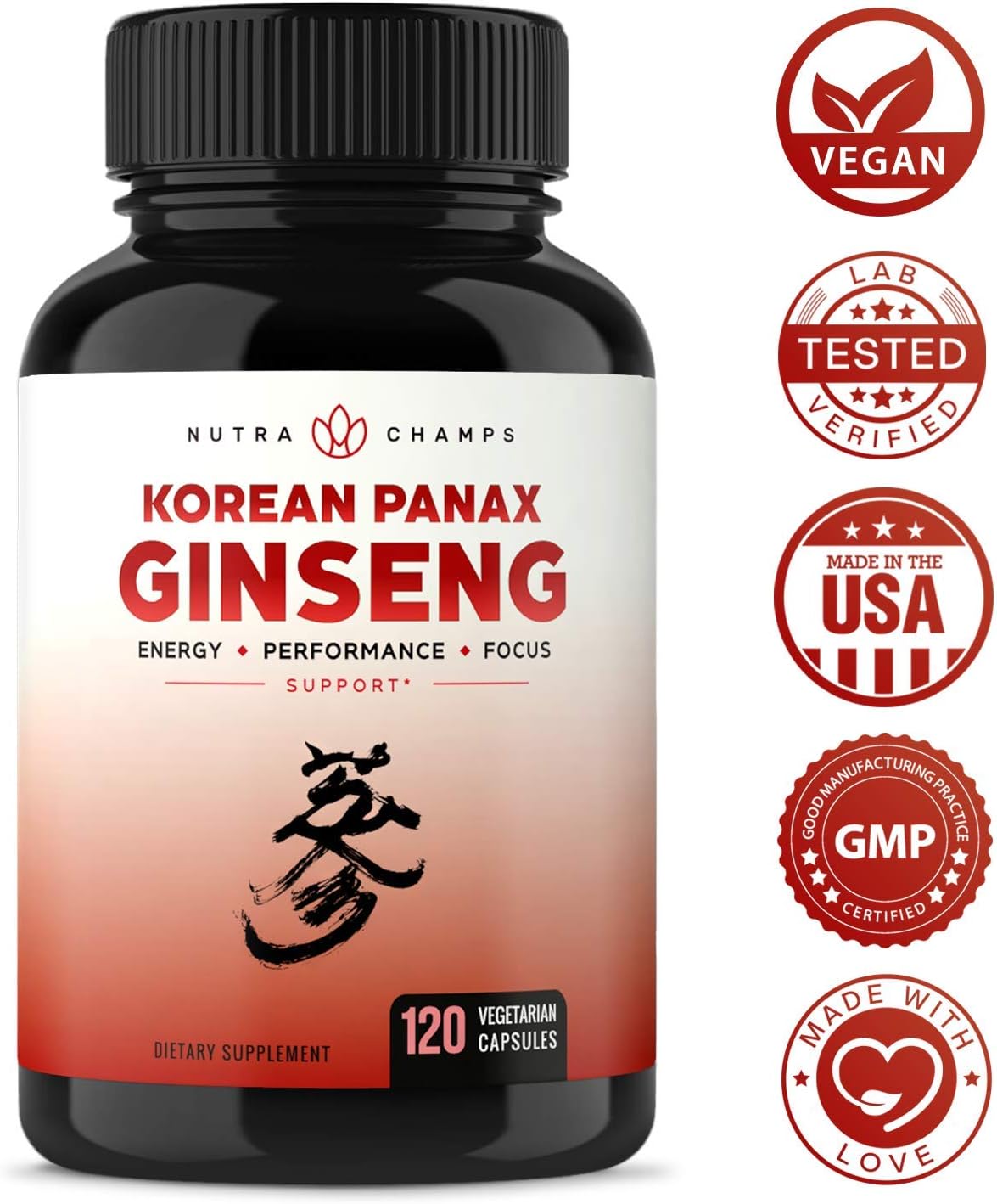 NutraChamps Korean Red Panax Ginseng 1000mg - 120 Vegan Capsules Extra Strength Root Extract Powder Supplement w/High Ginsenosides for Energy, Performance & Focus Pills for Men & Women: Health & Personal Care
