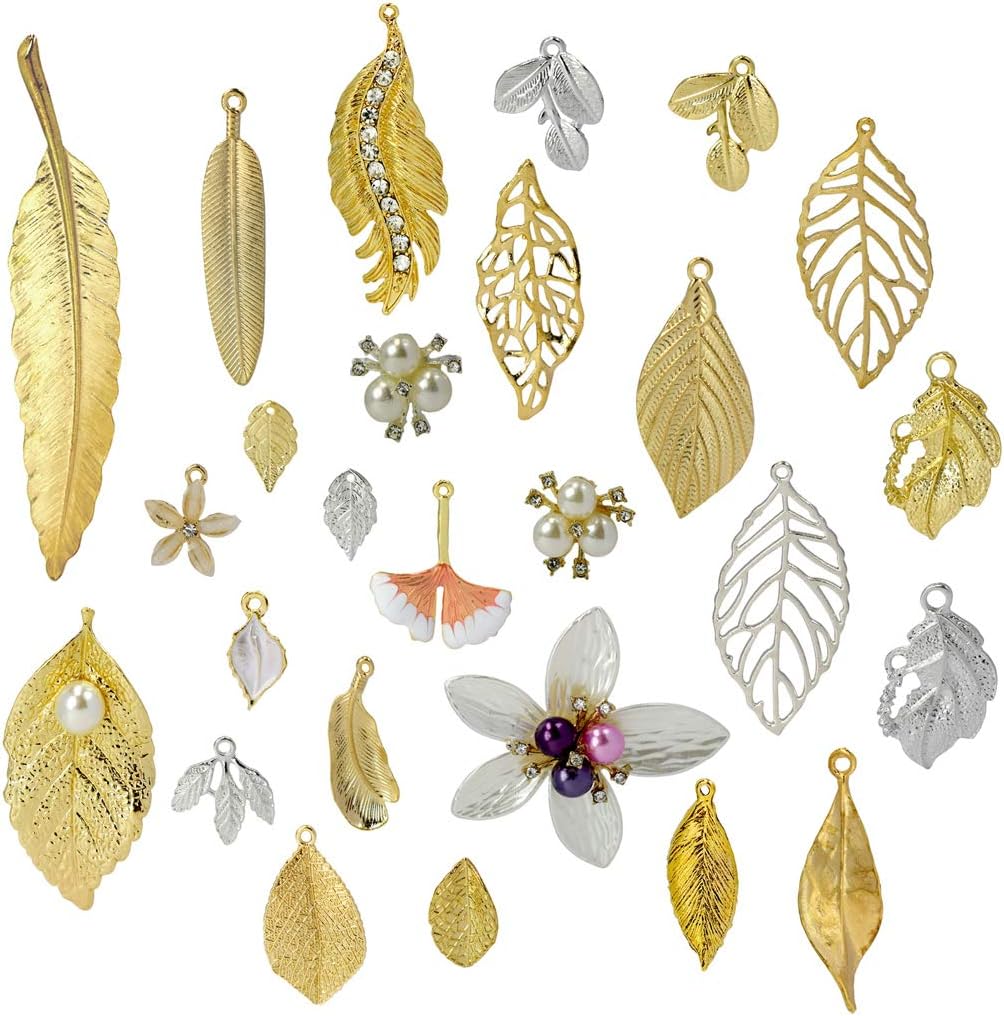 ZIIYAN 52Pcs Different Style Gold/Siliver Plated Metal Leaf Shape Charms Pendant Crafting Jewelry Findings Making Accessory for DIY Necklace Bracelet