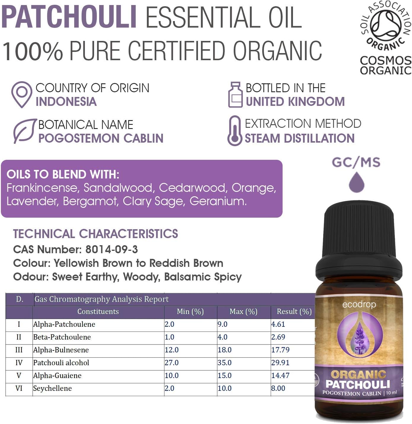 Patchouli Essential Oil, Certified Organic, 100% Pure, Aromatherapy, Massage, Diffusers & Bath - 10ml (Pogostemon Cablin) - Image 3
