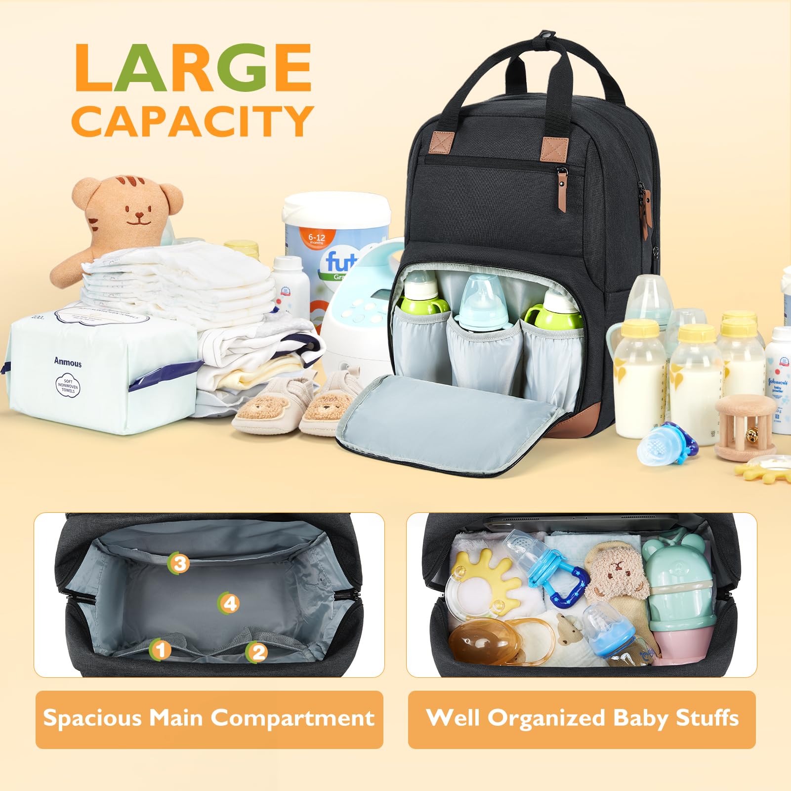 mommore Diaper Bag Backpack with Changing Station Large Travel Diaper Bags Unisex Baby Bag with Changing Pad, Stroller Straps