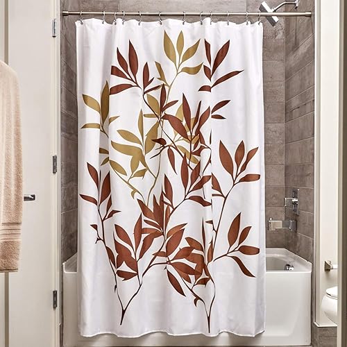 iDesign Fabric Leaves Shower Curtain for Master, Guest, Kids', College Dorm Bathroom, 72" x 72", Brown and White