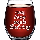 Panvola Classy, Sassy and a Bit Bad Assy Sarcastic Gifts Motivational Gift For Friends Coworker Stemless Wine Glass Clear Glasses For Red White Wine 17 oz