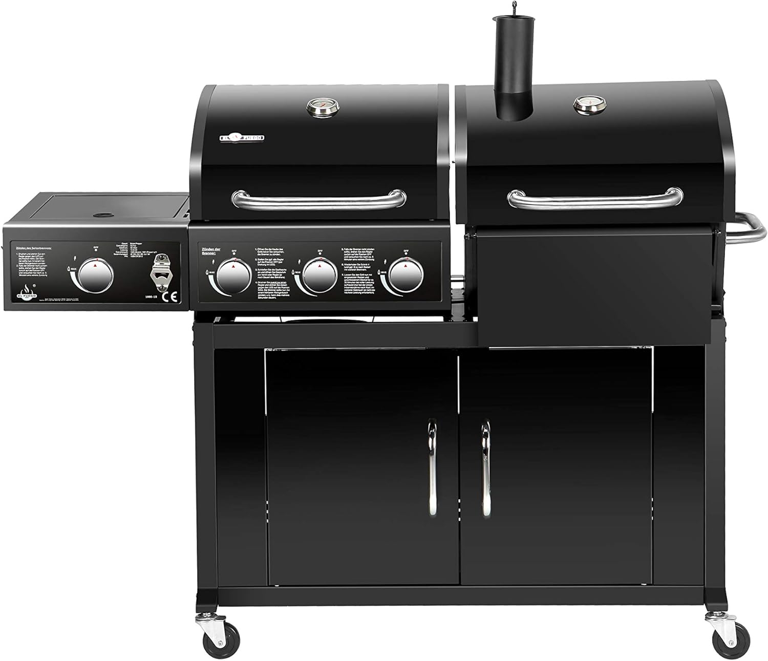 Kombigrill Gasgrill und Holzkohlegrill Atlanta von EL Fuego® Grill Smoker BBQ, 3 Hauptbrenner + 1 Seitenbrenner, 2 große Garkammern, 2 Thermometer, Grillroste aus Gusseisen, AY 530