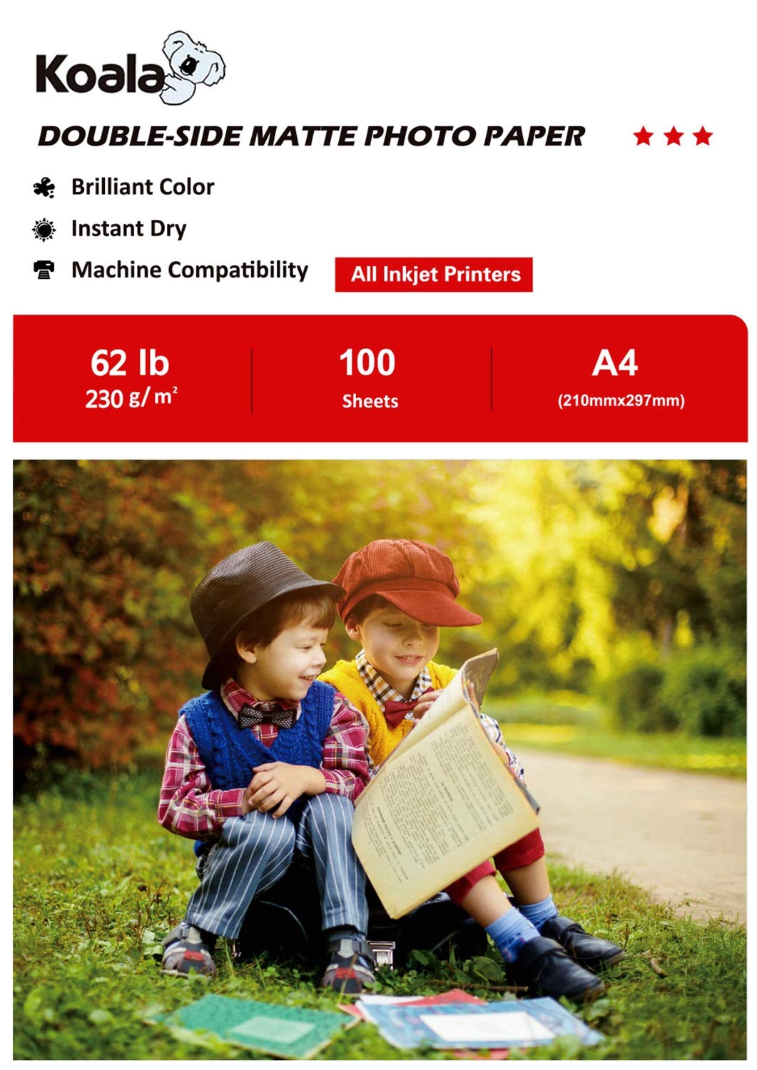 KOALA Double Sided Matte Inkjet Photo Paper A4, 230gsm, 100 Sheets for Inkjet Printers. Suitable for Printing Photos, Brochures, Covers, Certificates, Booklets, Flyers, Leaflets, Cards, Calendars
