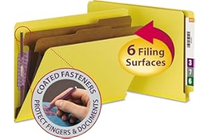 Smead 100% Recycled End Tab Pressboard Classification File Folder with SafeSHIELD Fasteners, 2 Dividers, 2" Expansion, Legal Size, Yellow, 10 per Box (29789)
