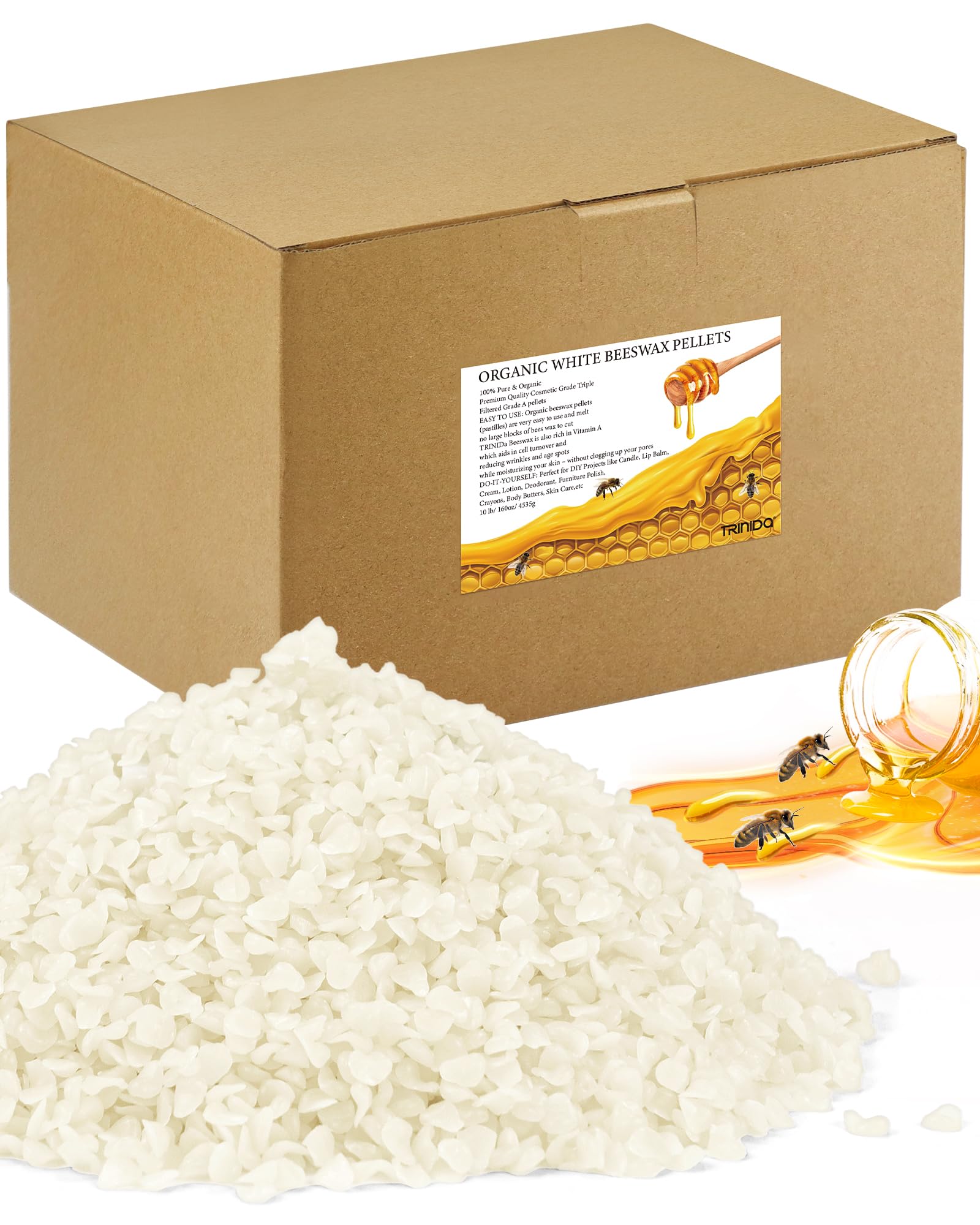 TRINIDa Beeswax Pellets 4.53kg, White Bees Wax for DIY Candles, Beeswax for Candle Making, Skin, Body, Face, and Hair Care, Lotions, DIY Creams, Lip Balm and Soap Making Supplies
