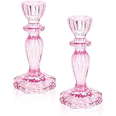Glass Candle Holders, 2PCS Decorative Candle Stand Wide Base Candlestick Holder Table Centerpiece Decor for Wedding Festival Party Windowsill, Pink