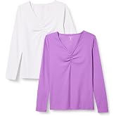 Amazon Essentials Women's Cinched V-Neck Long Sleeve Slim-Fit Rib-Knit Stretchy T-Shirt, Pack of 2