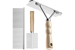 TSXUREPAW Undercoat Rake for Dogs, 3 Pack Pet Grooming Brush Set Long Tooth Rake Brush & Double-Sided Teech Comb & Stainless Steel Shedding Comb, Long Haired Pet Grooming Tool Set for Horse Large Dog Cat