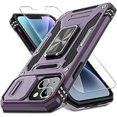 DEERLAMN Case for iPhone 14 Plus with Slide Camera Cover+Screen Protector(1 Pack), Rotated Ring Kickstand Military Grade Shockproof Protective Cover 6.7 Inch-Deep Purple