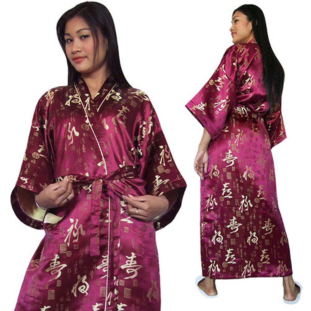 Long Sleeve Bathrobes Chinese Alphabets Stripes. 100 Silk Blend Free Size Long 140