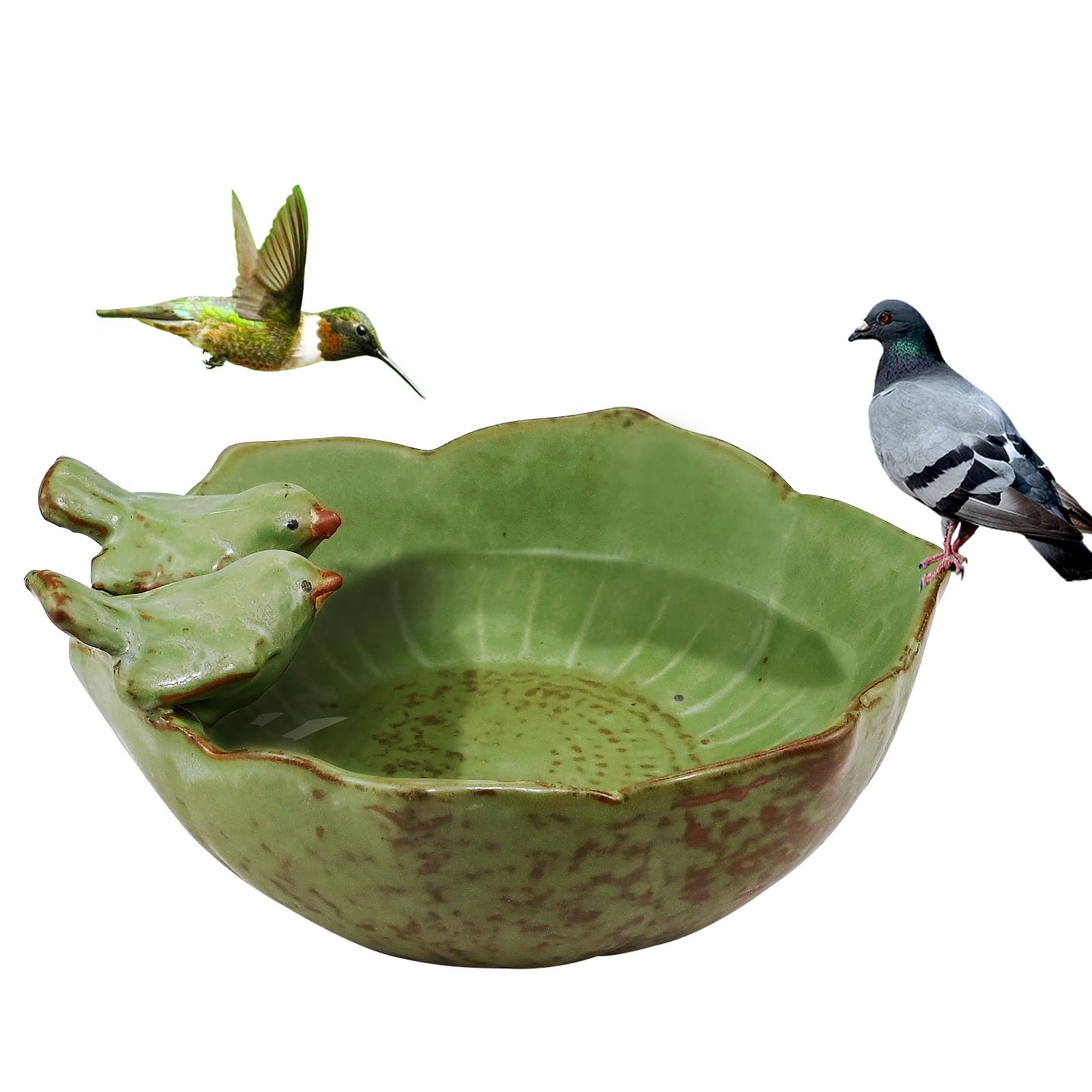 RAINPOP Bird Feeder and Bath, Ceramic Bowl for Wild Birds, Free Standing Stone Garden Decor, Green