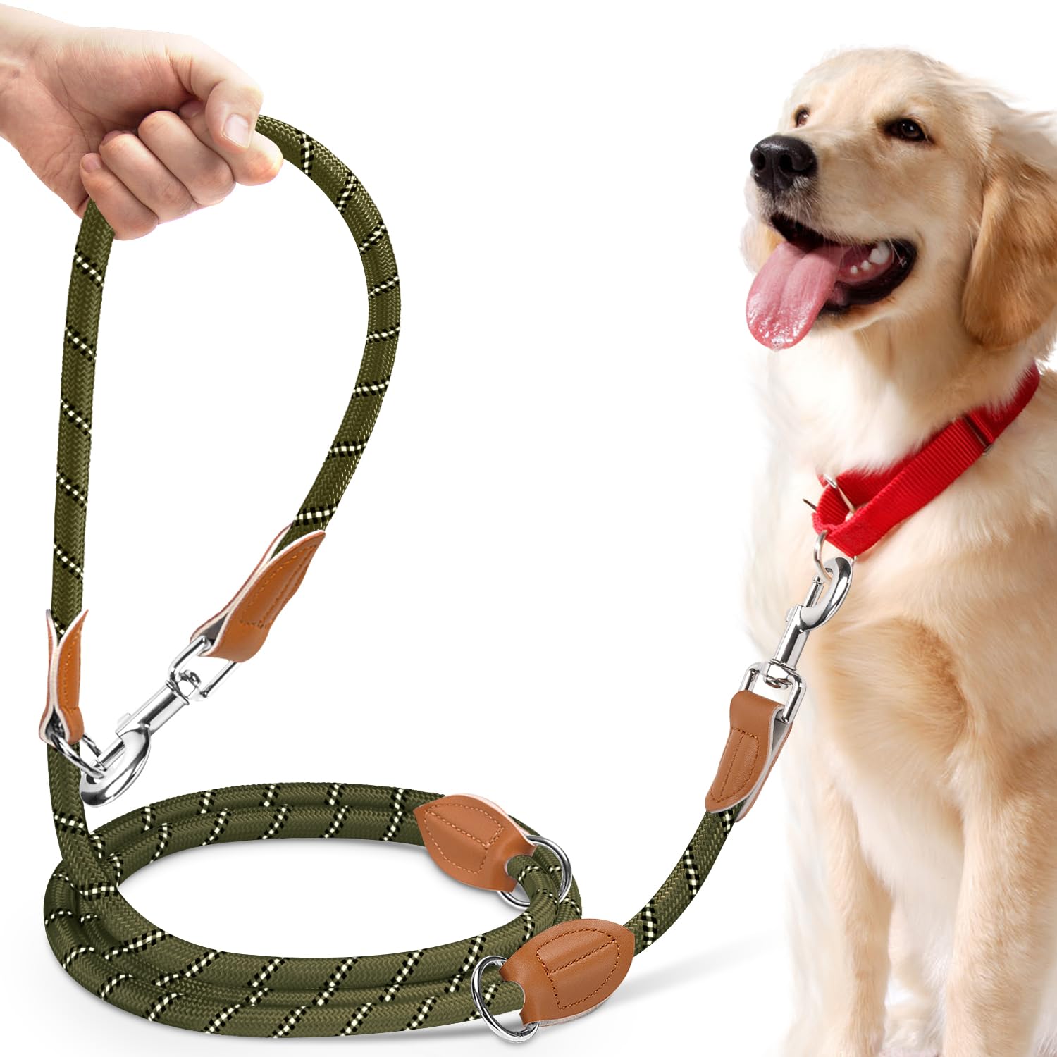 PETCOOZ Training Lead for Dogs, 3M Adjustable Double Ended Dog Lead for Medium Large Dogs, Professional Reflective Stop Pulling Control Leash, Hands Free Dog Leads for Running Walking, Army Green