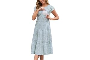 GINKANA Women's Nursing Dress Flutter Short Sleeve Crew Neck Tiered Maternity Dresses Casual Summer Midi Breastfeeding Dress