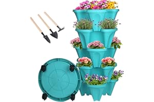GameXcel Vertical Planter 5 Tier Stackable Planters Garden Planters Strawberry Herb Flower and Vegetable Planter Indoor Outdoor Gardening Pots with Removable Wheels and Tools