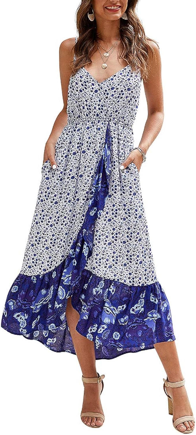 sexy deep v collar strap sleeveless irregular vacation dress