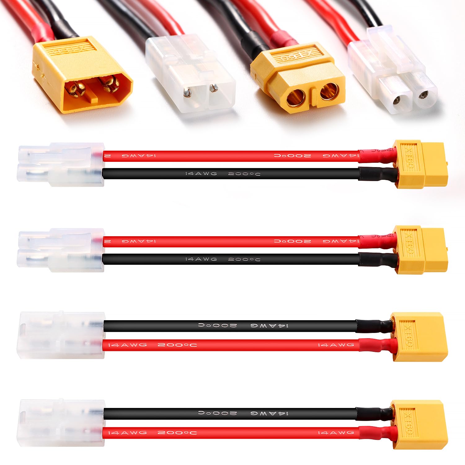 YIXISI 4 PCS Compatible with Tamiya to XT60 Adapter Cable, Compatible with Tamiya Connector to XT60 Plug Connector with 10cm 14AWG Silicone Cable, for RC Vehicles and Lipo Batteries